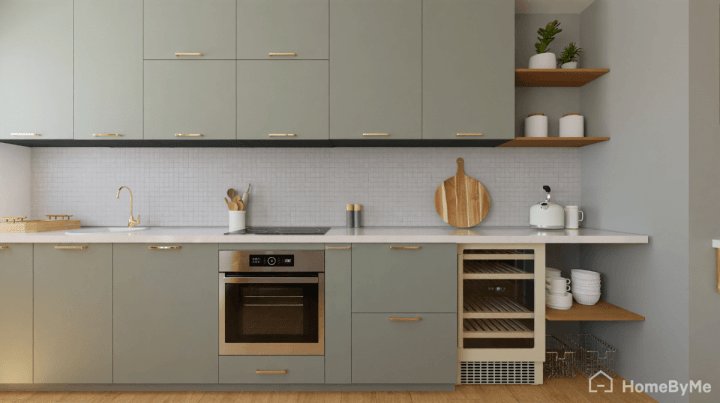 Cuisine bleu grise en I avec appareils électroménagers encastrés