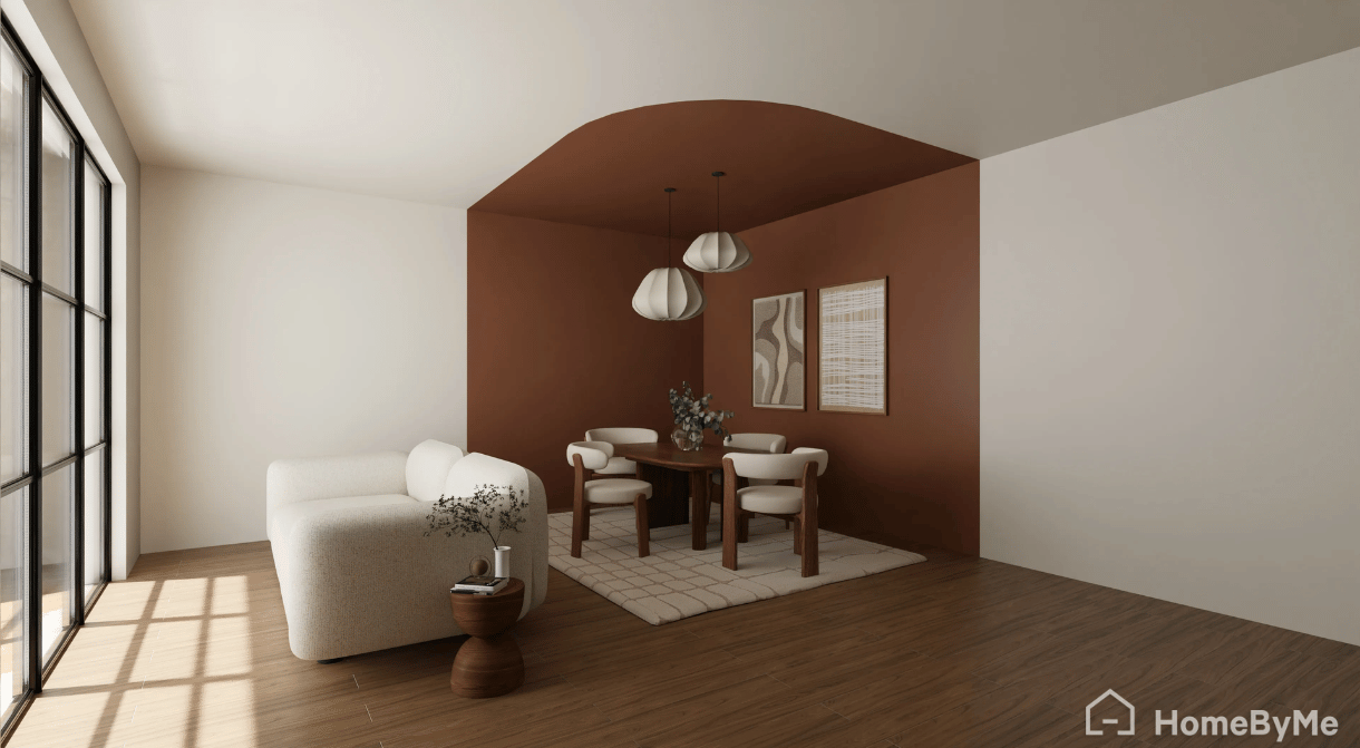 Decorating idea for a dining area: modern asymmetry on the wall and ceiling