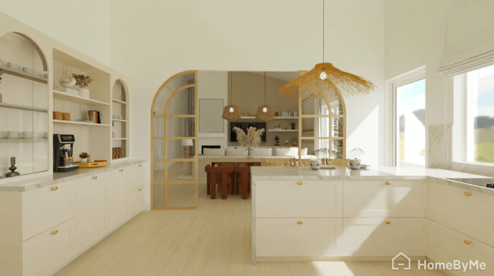 Rendu réaliste 4K d'une cuisine beige fonctionelle avec verrière ouverte sur le salon