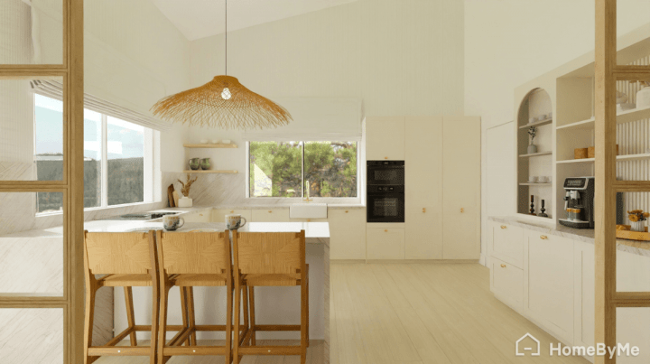 Rendu réaliste ultra-réaliste d'une cuisine fonctionnelle beige avec chaises hautes en osier