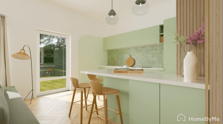 Rendu réaliste d'une cuisine en I beige et noire avec bloc monolithique couleur vert sauge