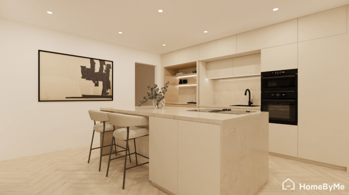 Rendu réaliste d'une cuisine en I beige de style moderne avec une crédence en zelliges vibrants