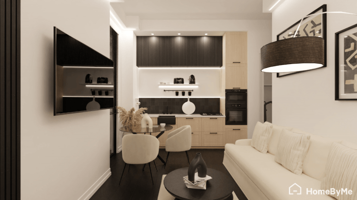 Rendu réaliste d'une cuisine en I beige et noire avec led intégrés
