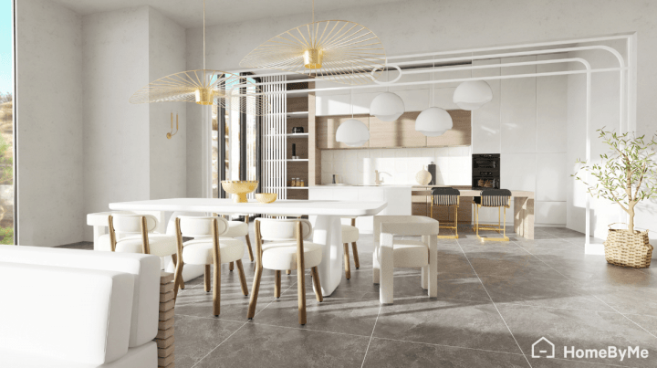 Rendu réaliste d'une cuisine en I blanches avec luminaires asymétriques en hauteur