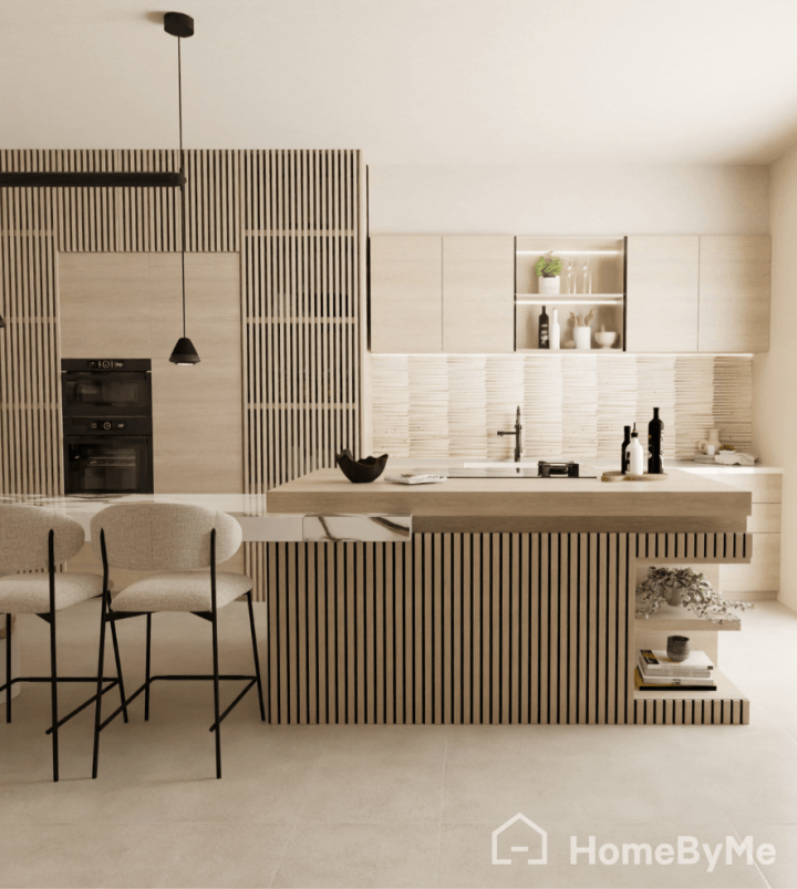 Diseño de cocina 3D gratis con una distribución funcional en forma de L