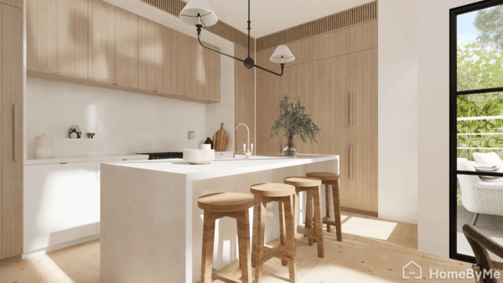 Cocina de estilo rústico diseñada online con armarios blancos y encimera de madera.