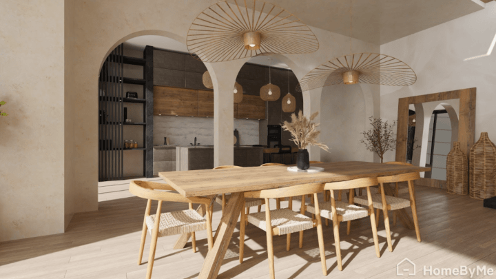 Distribución de cocina en I con acabados modernos creada en el simulador cocinas gratis.