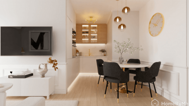 Diseño de cocina contemporánea con armarios blanco mate y luces LED empotradas