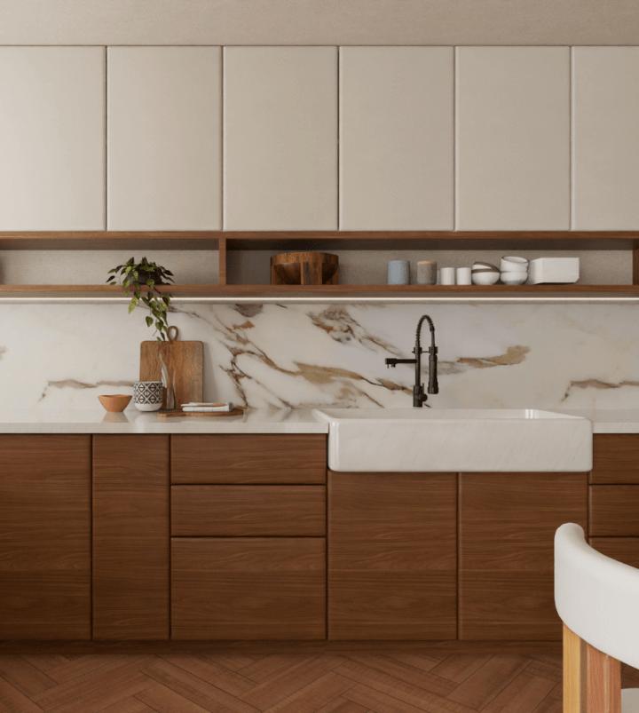 Herramienta para diseñar cocina 3D configurando módulos de almacenamiento a medida.