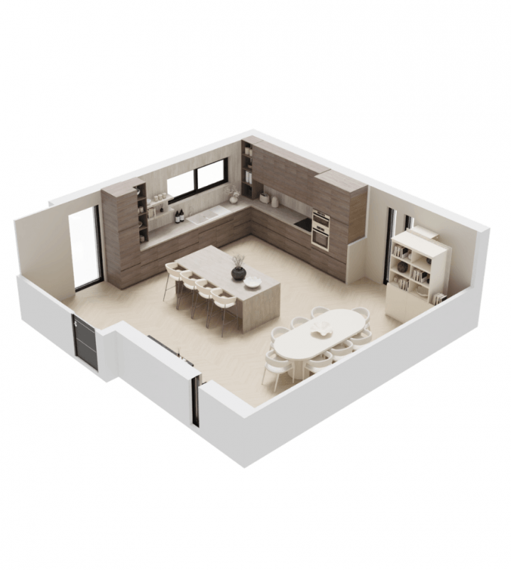 Vista aérea en 3D de una cocina moderna diseñada con el planificador de cocinas