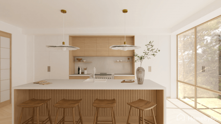 Render en calidad 4K ultrarrealista de una cocina de concepto abierto