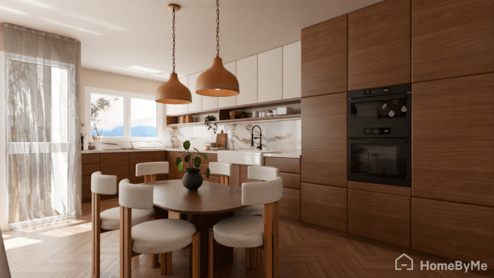 Render en calidad 4K ultrarrealista por una cocina diseñada en la plataforma.