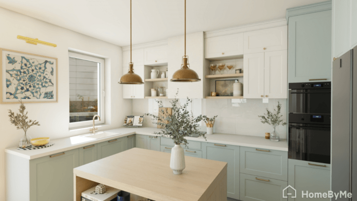 Imagen fotorrealista de una cocina con la regla de color sesenta treinta diez