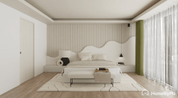 4K image of a trendy serene bedroom in warm greige shades