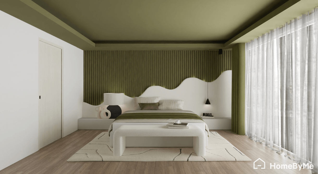 Imagen 4K de un dormitorio tendencia de color verde salvia