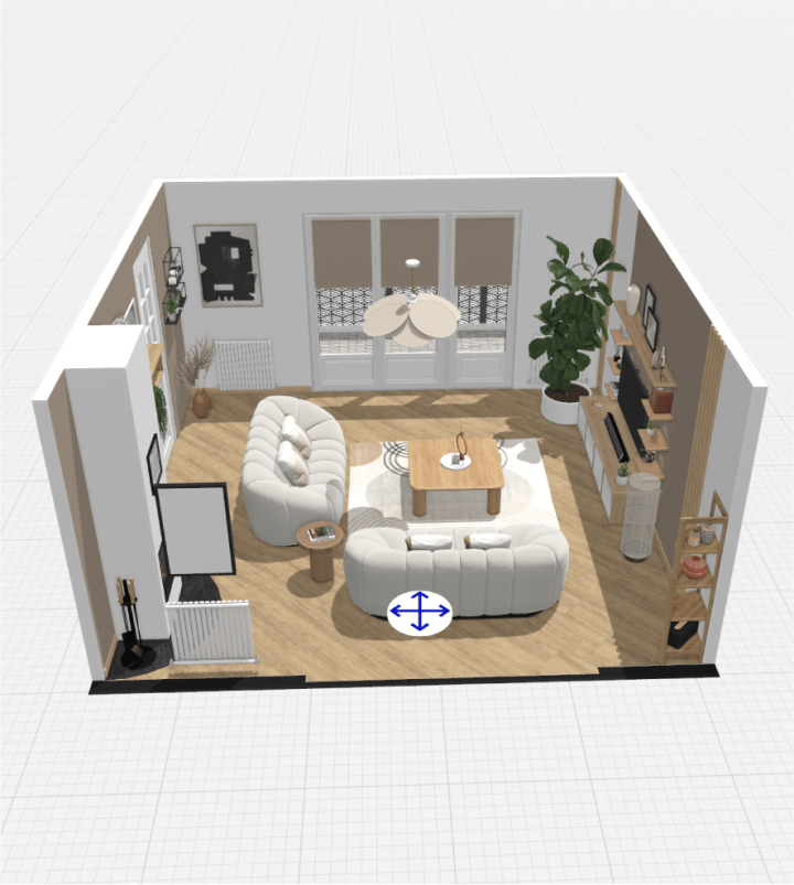Visualisation 3D d’un salon alliant confort, élégance et circulation fluide