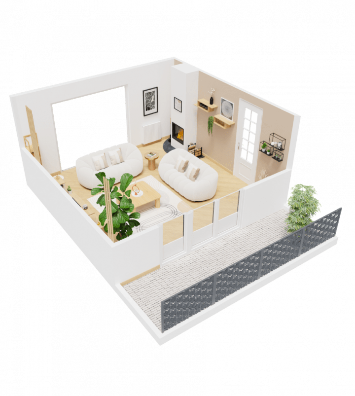 Plan 3D d’un salon moderne avec mobilier design et agencement optimisé