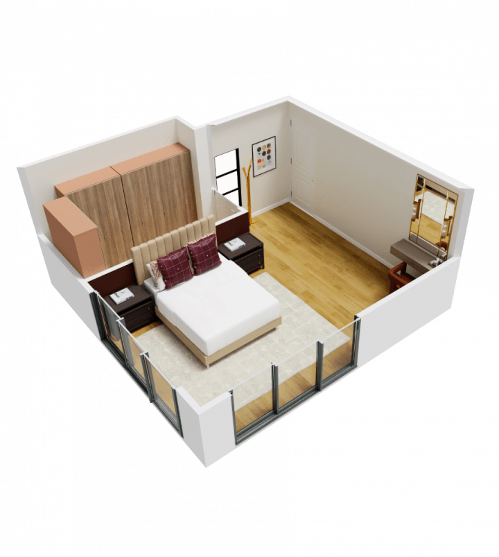 Rendu réaliste d'un plan de chambre avec vue panoramique grâce au planner Homebyme