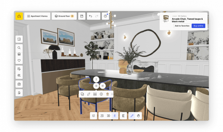 Interface du planner vue subjective dans un projet de salon contemporain
